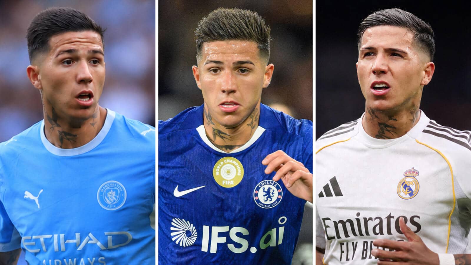Chelsea star Enzo Fernandez with shirts of Manchester City (left) and Real Madrid (right) Photoshopped on him