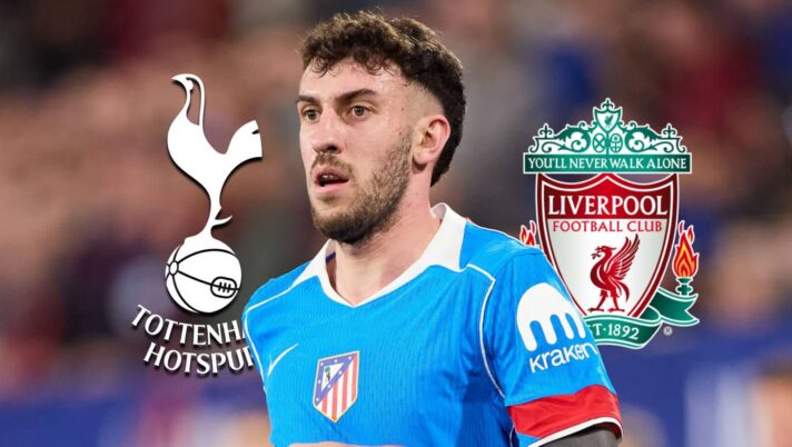 Matteo Ruggeri with Tottenham, Liverpool badges