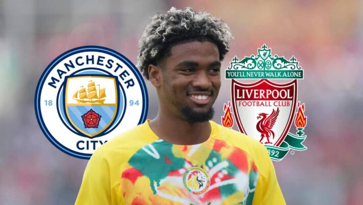 PSG's Senegal star Ibrahim Mbaye next to the badges of Manchester City and Liverpool