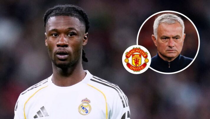 Real Madrid midfielder Eduardo Camavinga, Manchester United badge and Jose Mourinho - copyright TEAMtalk