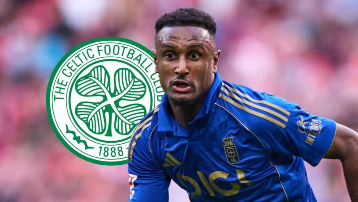 Real Oviedo Haissem Hassan next to the Celtic badge