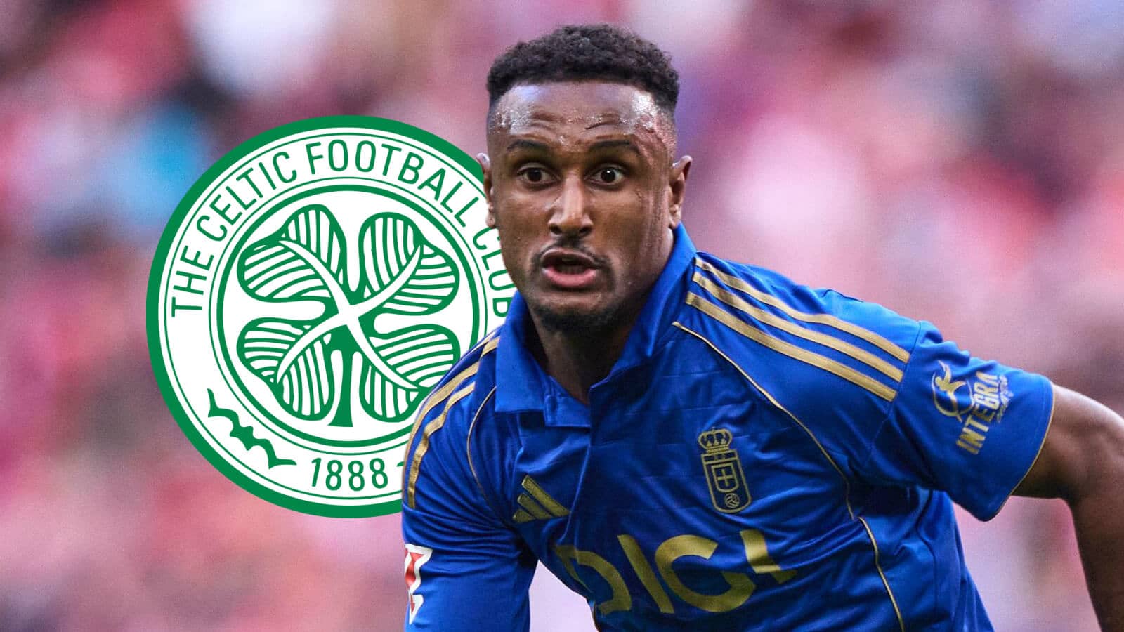 Real Oviedo Haissem Hassan next to the Celtic badge
