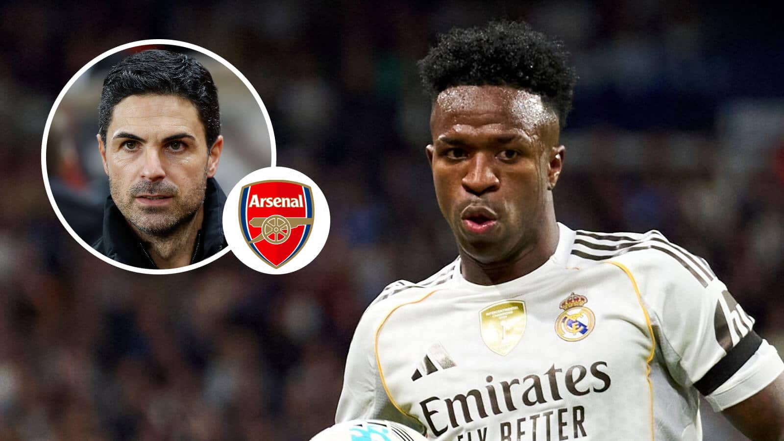 Arsenal manager Mikel Arteta, Arsenal badge and Real Madrid winger Vinicius Junior - copyright F365