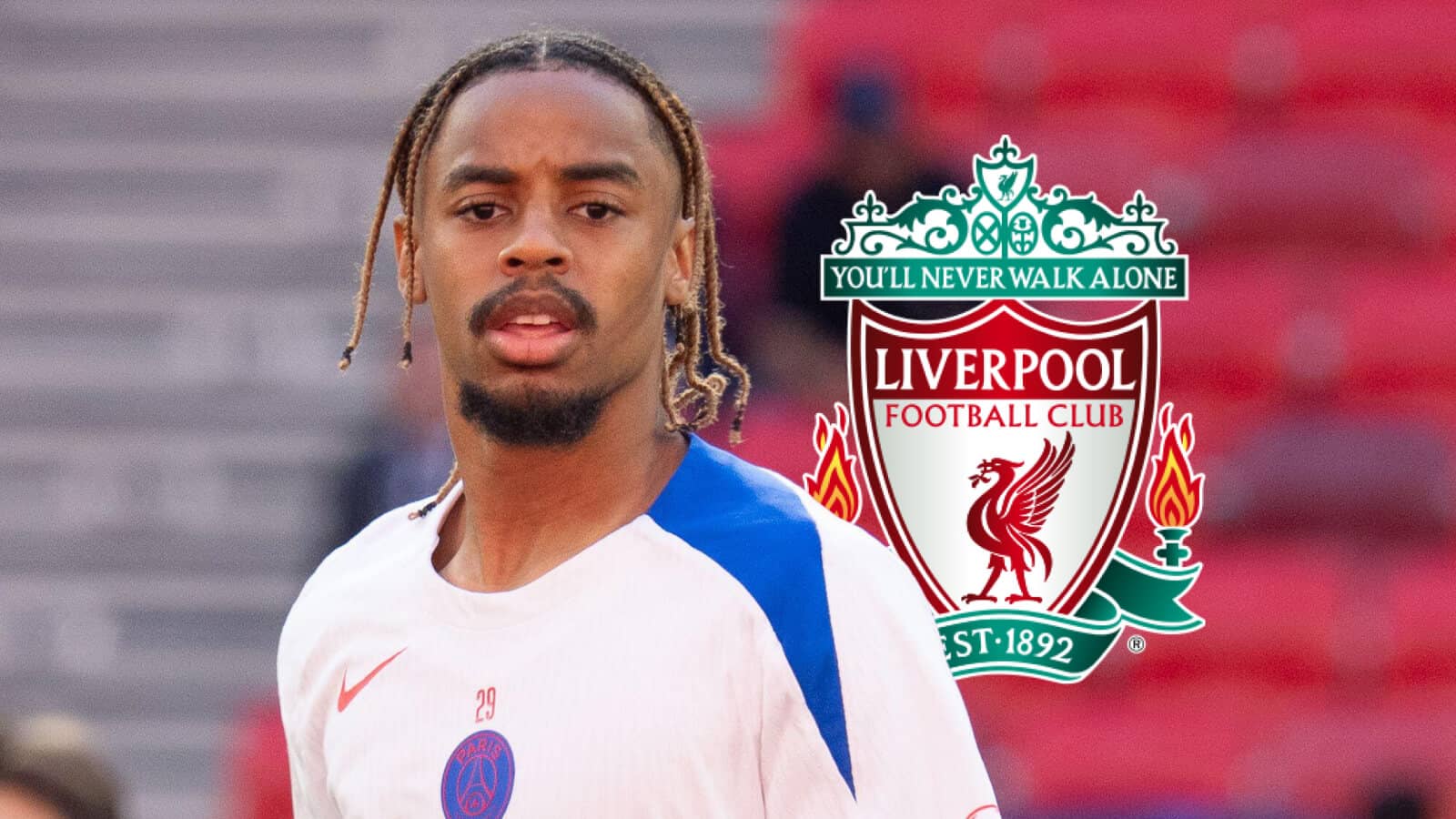 PSG star Bradley Barcola next to the Liverpool badge