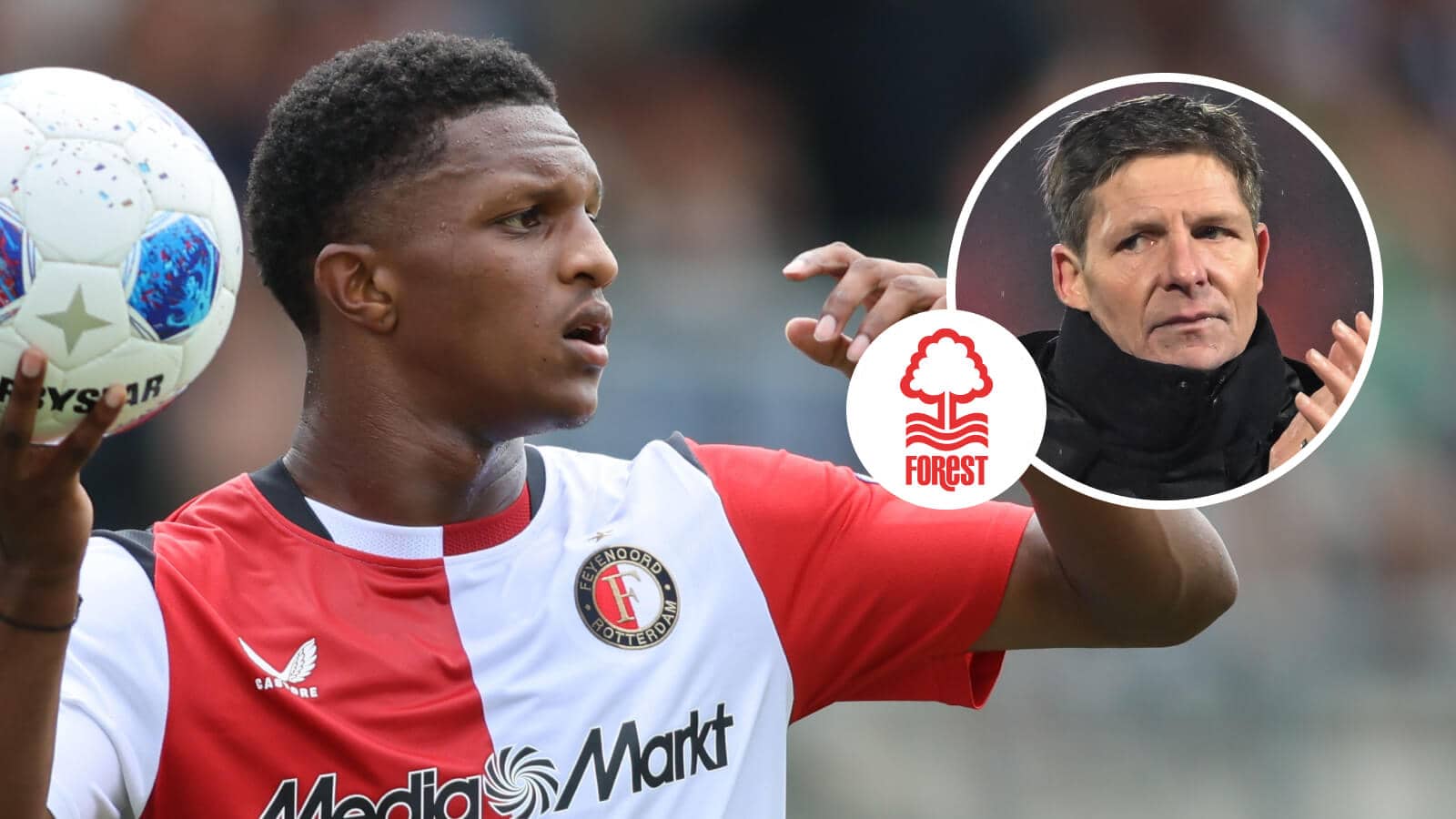 Feyenoord's Givairo Read is wanted by Nottingham Forest boss Oliver Glasner, inset, seen here next to the club badge