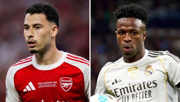 Split image of Arsenal winger Gabriel Martinelli and Real Madrid winger Vinicius Junior - copyright TEAMtalk