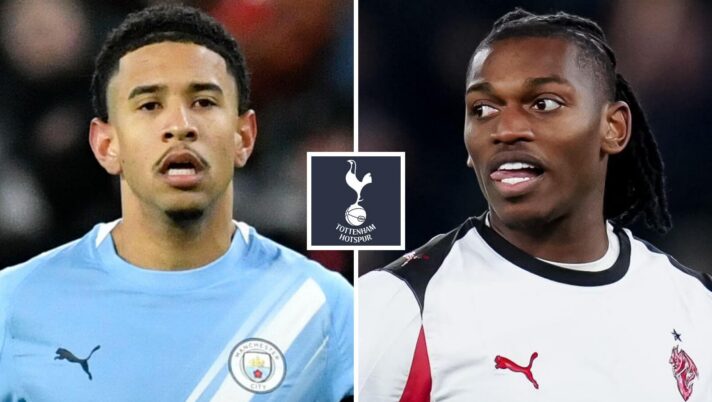 Man City's Savinho and Rafael Leao of AC Milan look on, with a Tottenham badge (inset)