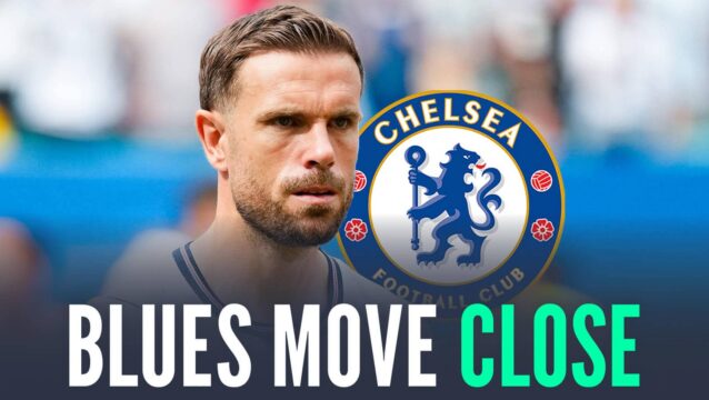 Experienced star Jordan Henderson next to the Chelsea badge and the words 'Blues move close'