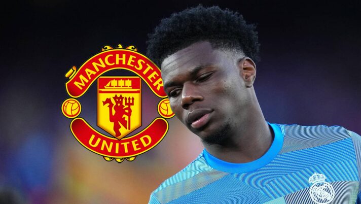 Real Madrid star Aurelien Tchouameni next to the Manchester United badge