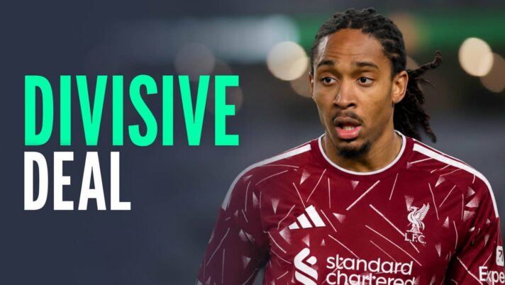 Tottenham Hotspur star Djed Spence with a Liverpool shirt Photoshopped on him and the words 'divisive deal'