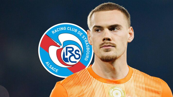 Filip Jorgensen with Strasbourg badge