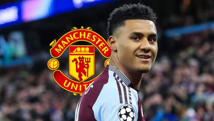 Aston Villa striker Ollie Watkins next to the Manchester United badge
