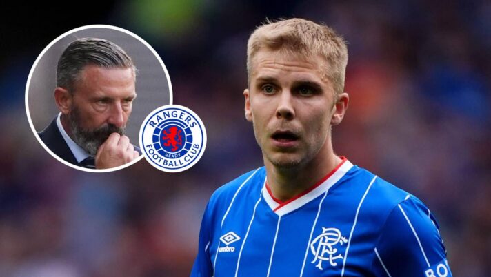 Rangers manager Derek McInnes, Rangers badge and Oliver Antman – copyright TEAMtalk