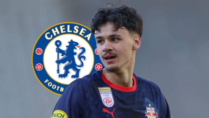 Bayer Leverkusen winger Kerim Alajbegovic next to the Chelsea badge