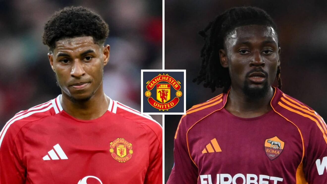 Marcus Rashford, Manu Kone with Man Utd badge