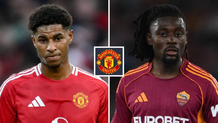 Marcus Rashford, Manu Kone with Man Utd badge