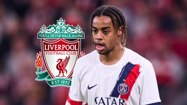 PSG star Bradley Barcola next to the Liverpool badge
