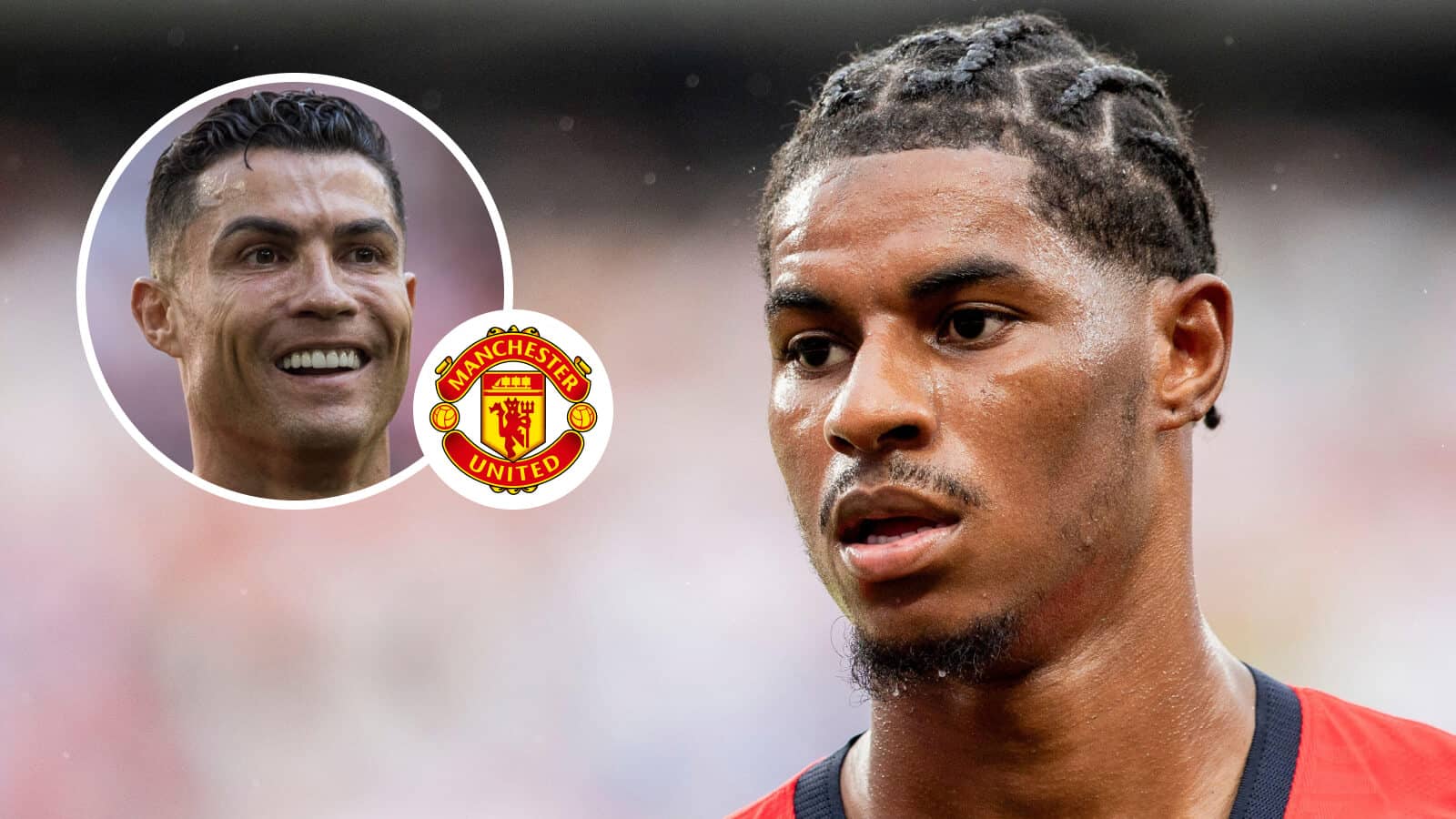 Cristiano Ronaldo, Manchester United badge and Marcus Rashford - copyright TEAMtalk