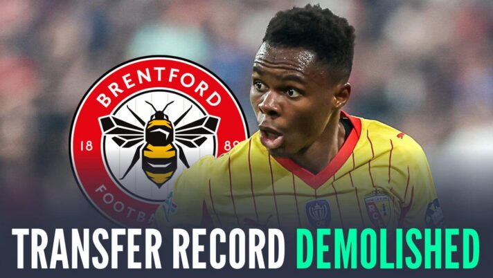 Lens midfielder Mamadou Sangare nxt to the Brentford badge and the words 'transfer fee demolished'
