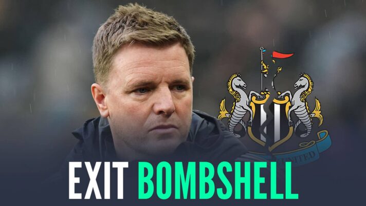 Eddie Howe next to a cracked Newcastle United badge and the words 'exit bombshell'