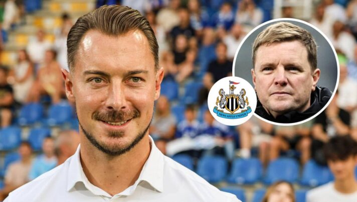 Al-Ahli boss Matthias Jaissle, Newcastle United badge and Eddie Howe - copyright TEAMtalk