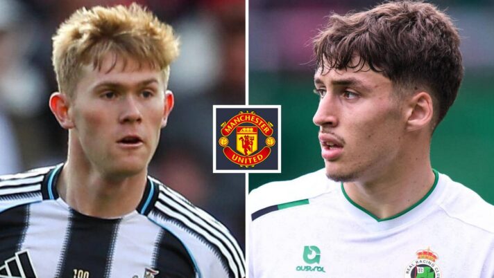 Newcastle's Lewis Hall and Jorge Salinas of Racing Santander next to the Manchester United badge