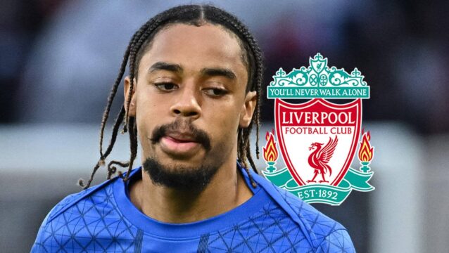 PSG star Bradley Barcola next to the Liverpool badge