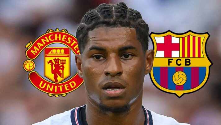 Manchester United badge, Marcus Rashford and Barcelona badge - copyright TEAMtalk