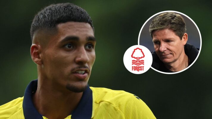 Union SG star Anan Khalaili, next to Oliver Glasner and a Nottingham Forest badge (inset)