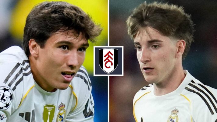 Real Madrid duo Gonzalo Garcia and Cesar Palacios next to the Fulham badge