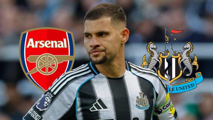 Bruno Guimaraes next to an Arsenal badge and a broken Newcastle one