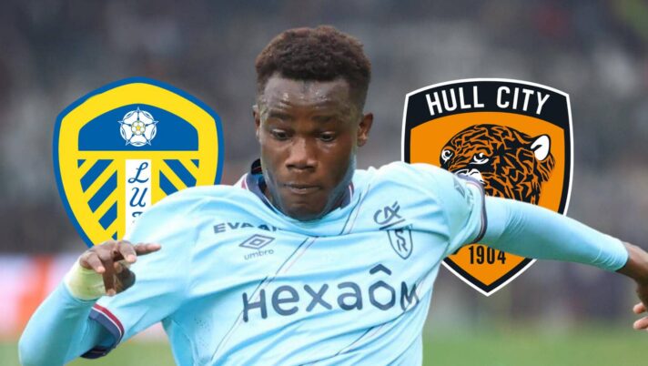 Leeds United badge, Neom SC midfielder Amadou Kone and Hull City badge - copyright TEAMtalk