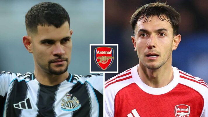 Split image of Newcastle United star Bruno Guimaraes and Arsenal ace Martin Zubimendi, with the Arsenal badge in between - copyright TEAMtalk