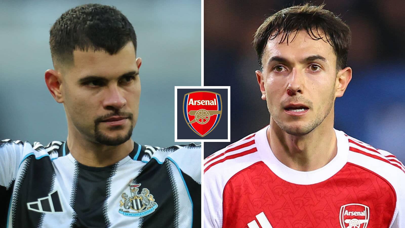 Split image of Newcastle United star Bruno Guimaraes and Arsenal ace Martin Zubimendi, with the Arsenal badge in between - copyright TEAMtalk