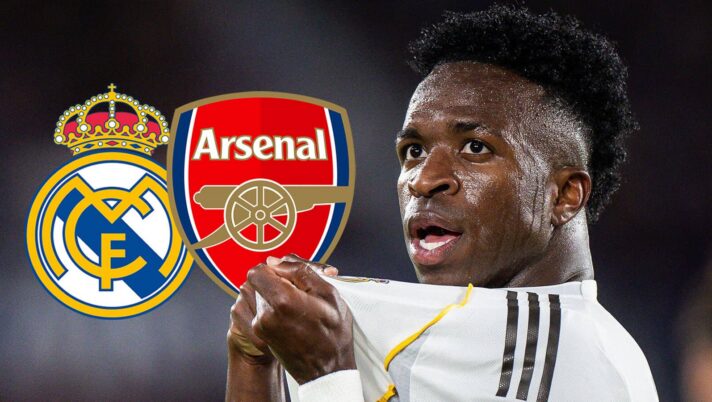 Real Madrid badge, Arsenal badge and Vinicius Junior - copyright F365