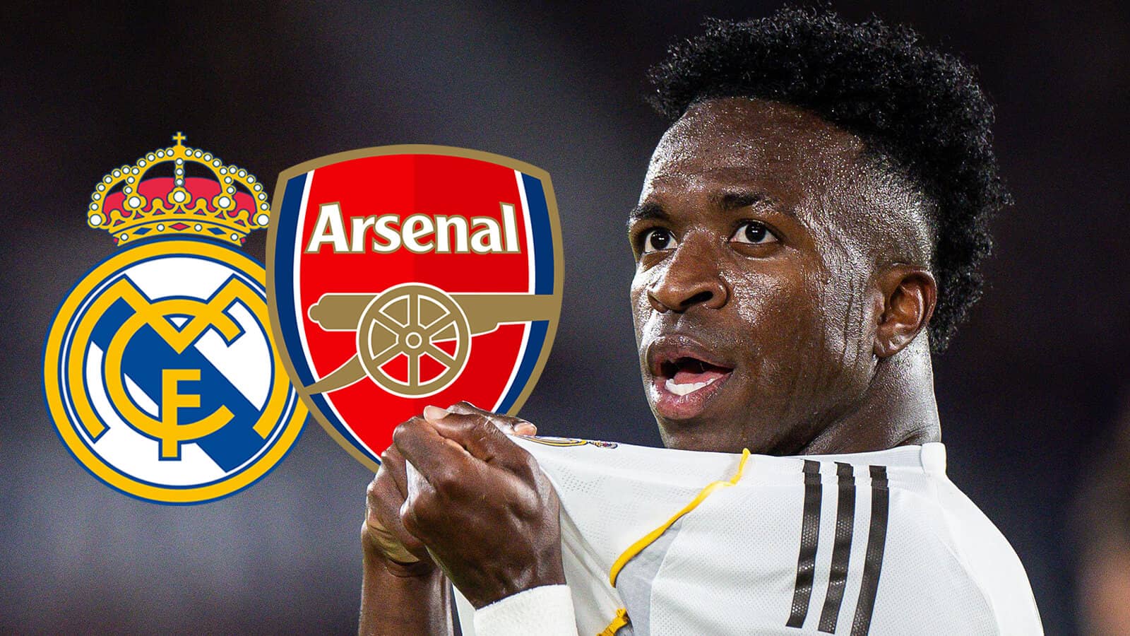 Real Madrid badge, Arsenal badge and Vinicius Junior - copyright F365