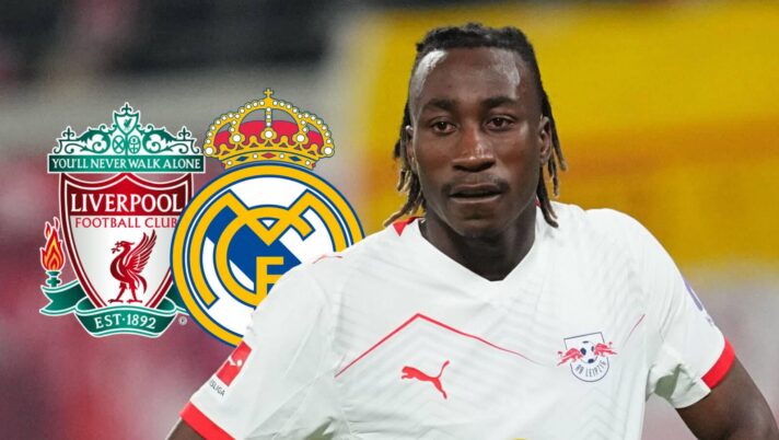 RB Leipzig winger Yan Diomande, Liverpool, Real Madrid badges