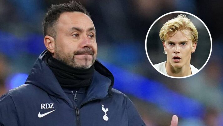 Tottenham boss Roberto De Zerbi and Lucas Bergvall