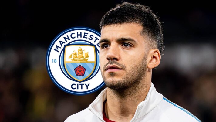 Geronimo Rulli with a Man City badge