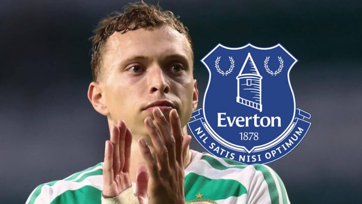 Celtic star Alistair Johnston with an Everton badge