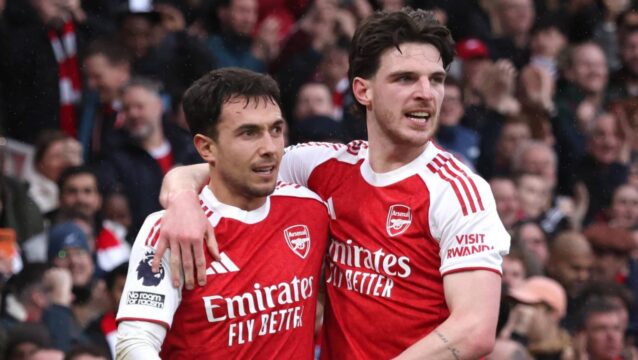Arsenal midfielders Martin Zubimendi and Declan Rice