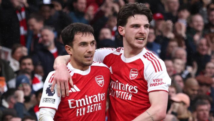 Arsenal midfielders Martin Zubimendi and Declan Rice