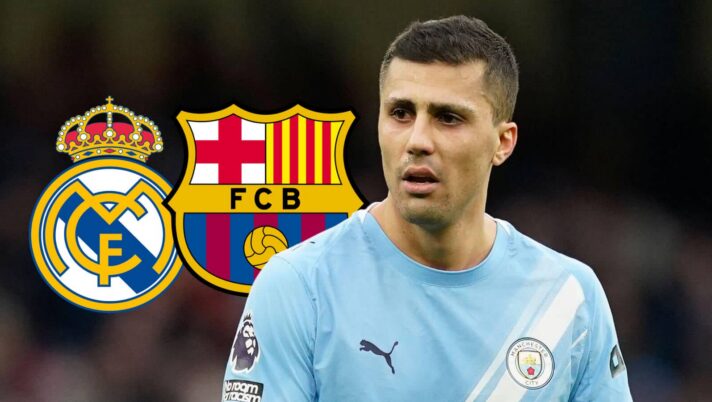 Man City star Rodri with Barcelona and Real Madrid badges
