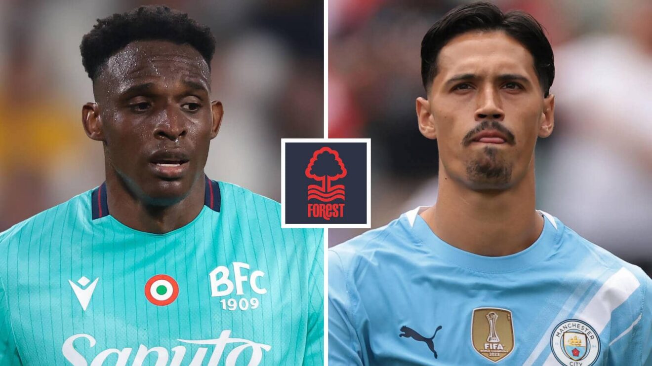 Jhon Lucumi and Tijjani Reijnders with a Nottingham Forest badge