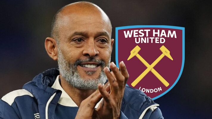 West Ham United manager Nuno next to the West Ham United badge