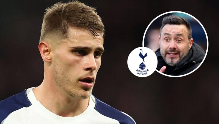 Micky van de Ven, Tottenham Hotspur badge and Roberto De Zerbi - copyright TEAMtalk