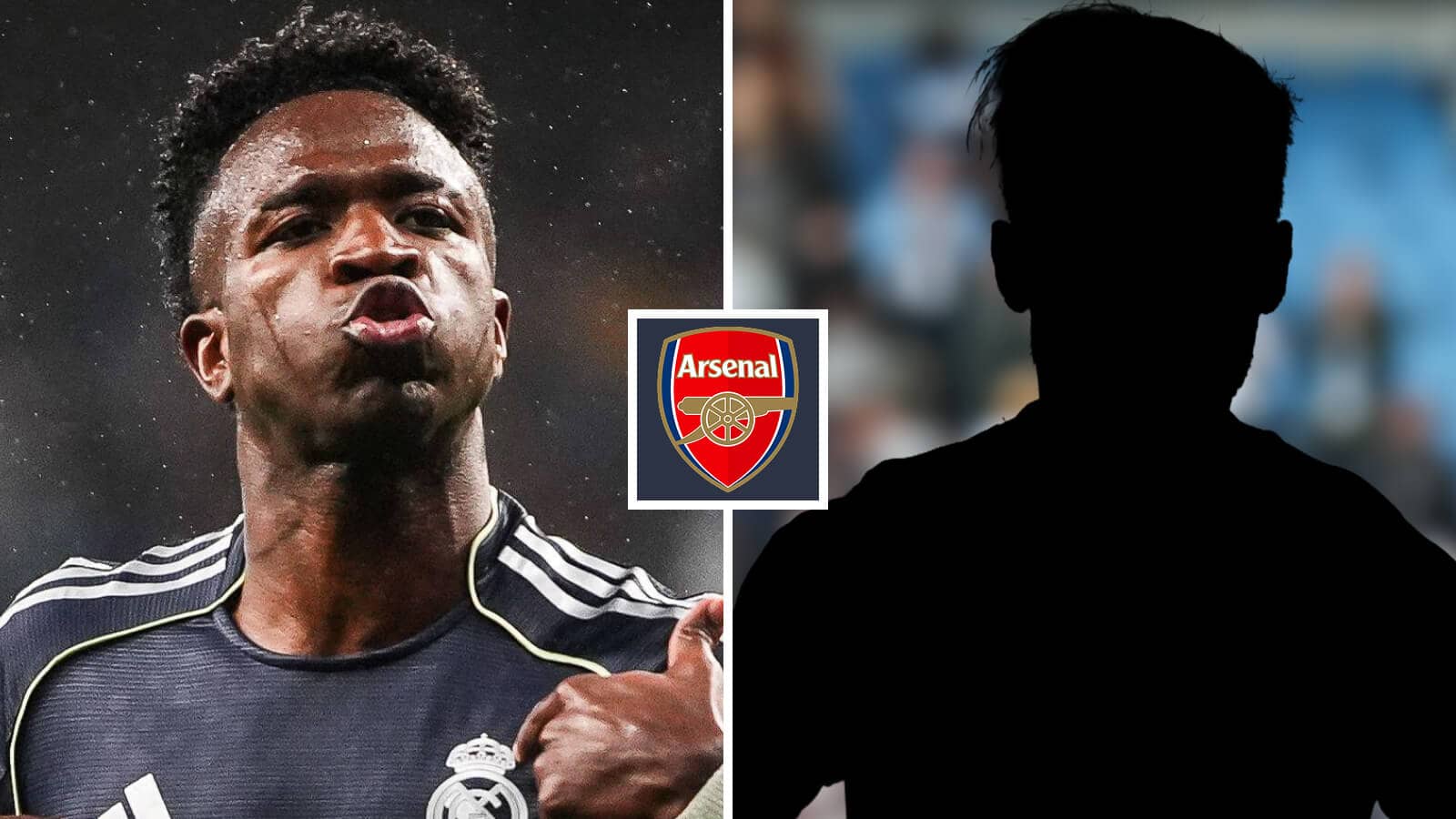 Split image of Real Madrid winger Vinicius Junior and a shadow, with the Arsenal badge in between - copyright TEAMtalk