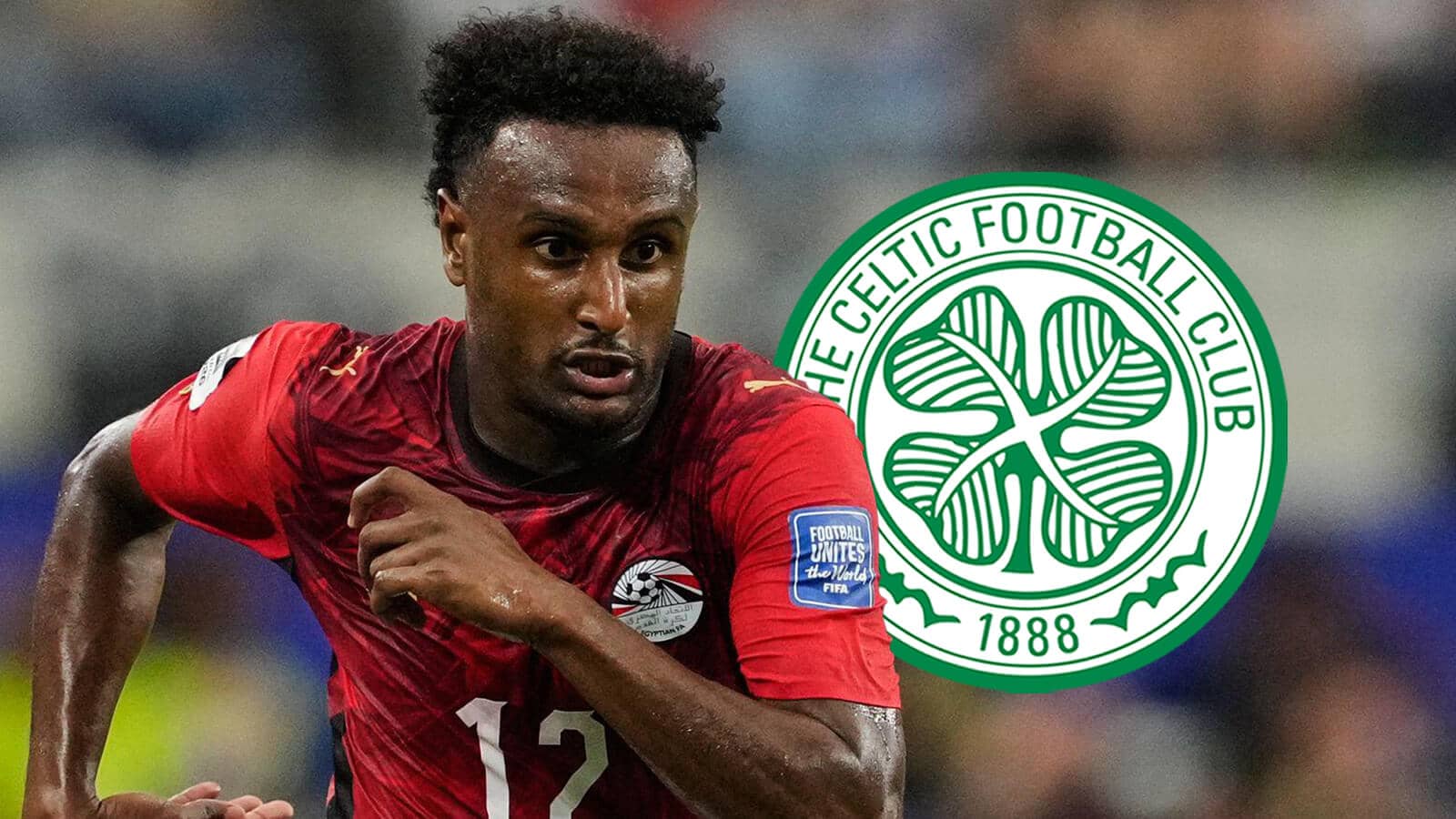 Real Oviedo winger Haissem Hassan next to the Celtic badge - copyright TEAMtalk