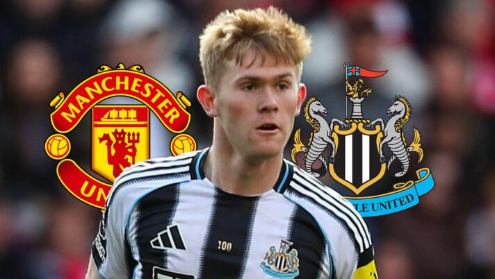 Manchester United badge, Lewis Hall and Newcastle United badge - copyright TEAMtalk