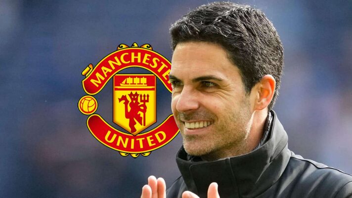 Arsenal boss Mikel Arteta smiles, next to a Man Utd badge